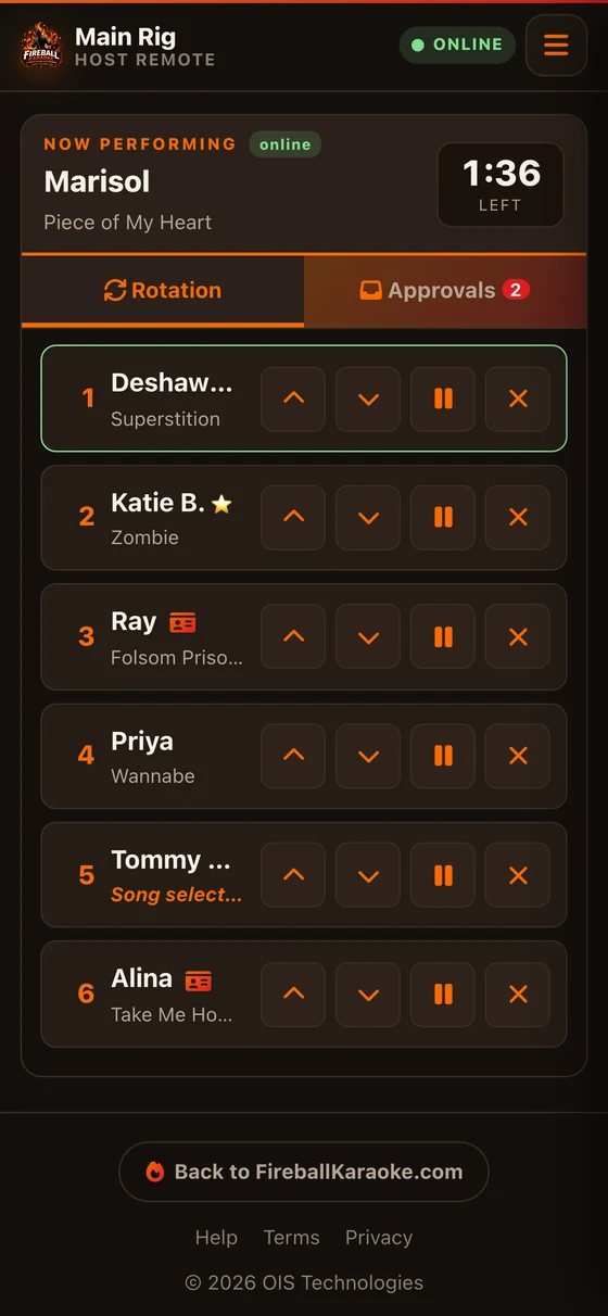 The host remote on a phone: the current performer with a countdown, the rotation below, and tabs across the bottom for the approval dock and party controls.