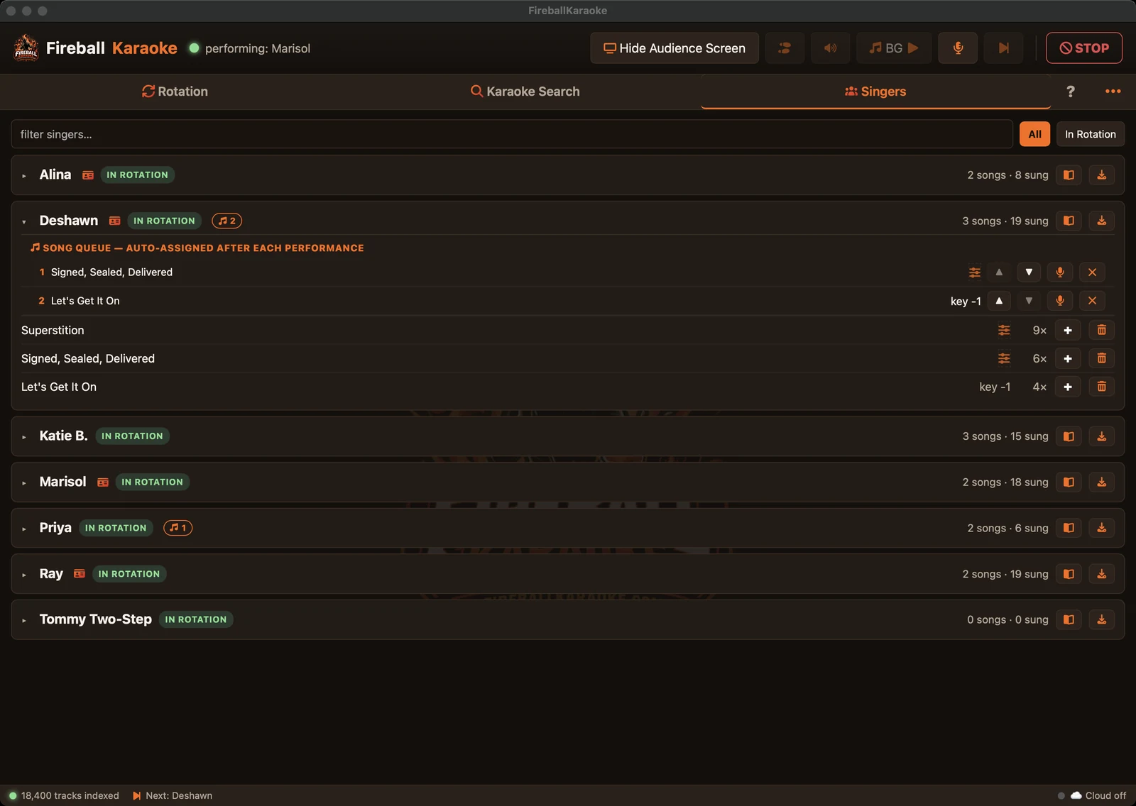 A singer's profile open in the plugin: their song history with how many times they have sung each track, their saved key changes, and songs queued up for them.